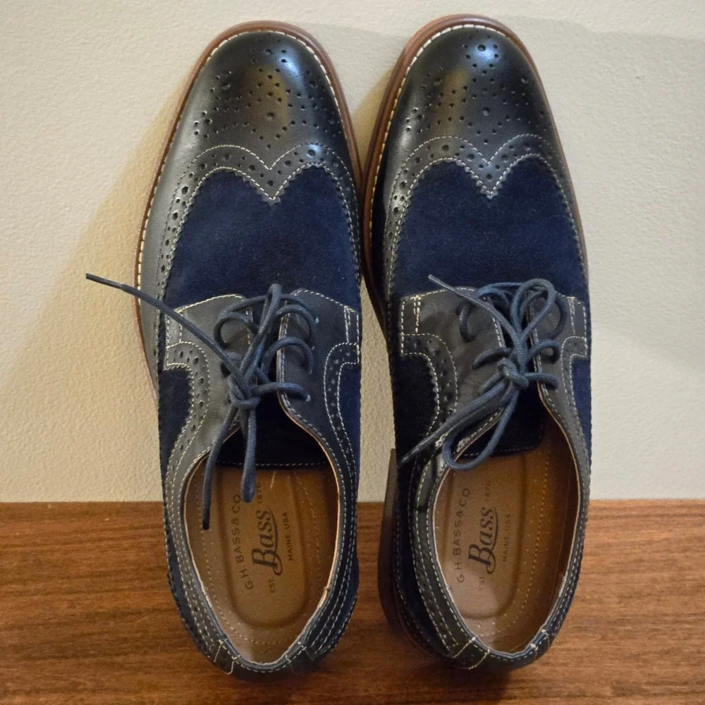 GH Bass Billings Mens 8.5M Navy Blue Leather Suede Wingtip Oxford Shoes